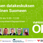Mainoskuva tapahtumasta Vastuullisen datakeskuksen rakentaminen Suomeen. Vihreäpohjaisessa kuvassa näkyy taustalla binäärikoodia sekä lehtiaiheinen grafiikka. Tapahtuma järjestetään keskiviikkona 11.11.2026 klo 9.00–12.00 Green ICT -ekosysteemitapaamisena. Kuvan alaosassa on seitsemän puhujan kasvokuvaa. Oikealla näkyy Ympäristö OK -logo. Alareunassa ovat Euroopan unionin osarahoituksen sekä Päijät-Hämeen liiton, Varsinais-Suomen liiton, Hämeen liiton ja Etelä-Karjalan liiton logot.
